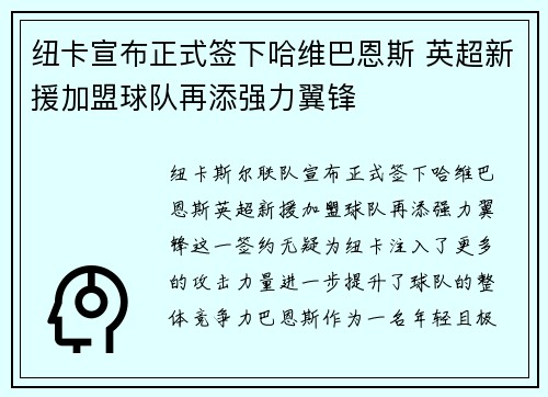 纽卡宣布正式签下哈维巴恩斯 英超新援加盟球队再添强力翼锋