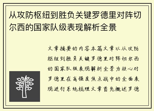 从攻防枢纽到胜负关键罗德里对阵切尔西的国家队级表现解析全景