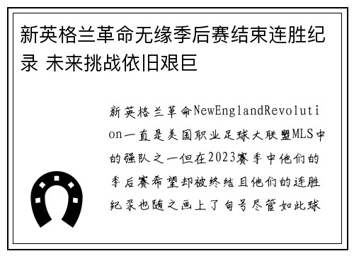 新英格兰革命无缘季后赛结束连胜纪录 未来挑战依旧艰巨